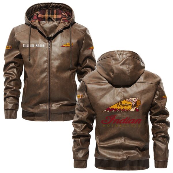 Custom Name Indian Motorcycle PU Leather Hooded Jacket – Personalized Logo Car Motorcycle Model - Image 3