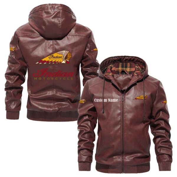 Custom Name Indian Motorcycle PU Leather Hooded Jacket – Personalized Logo Car Motorcycle Model - Image 2