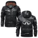 Custom Name Infiniti PU Leather Hooded Jacket – Personalized Logo Car Motorcycle Model
