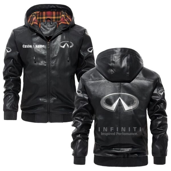 Custom Name Infiniti PU Leather Hooded Jacket – Personalized Logo Car Motorcycle Model