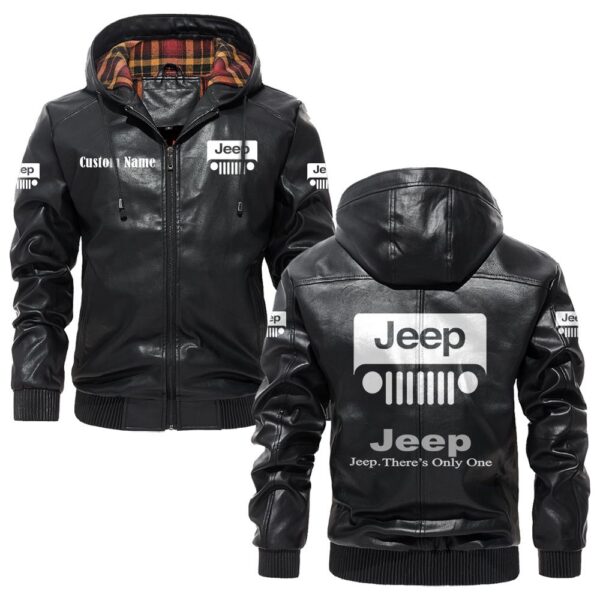 Custom Name Jeep PU Leather Hooded Jacket – Personalized Logo Car Motorcycle Model