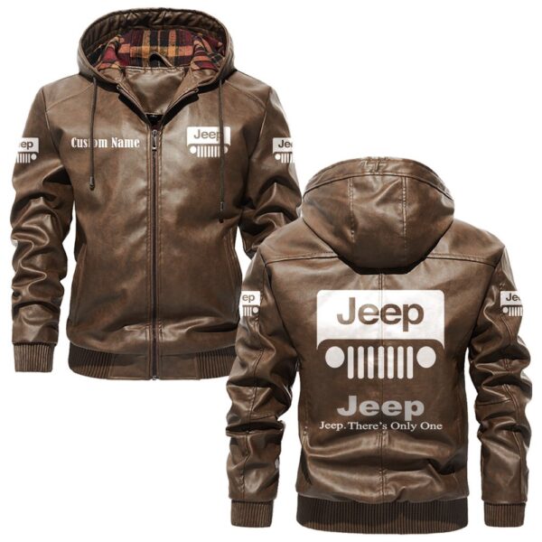 Custom Name Jeep PU Leather Hooded Jacket – Personalized Logo Car Motorcycle Model - Image 3