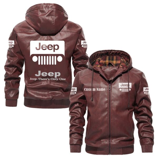 Custom Name Jeep PU Leather Hooded Jacket – Personalized Logo Car Motorcycle Model - Image 2