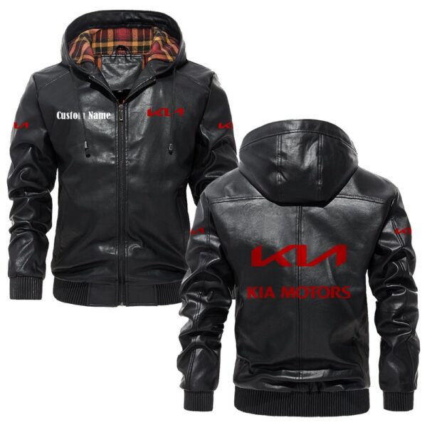 Custom Name Kia PU Leather Hooded Jacket – Personalized Logo Car Motorcycle Model