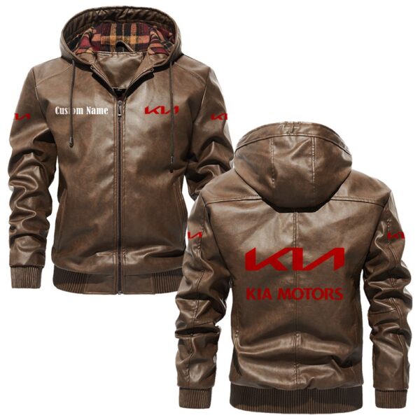 Custom Name Kia PU Leather Hooded Jacket – Personalized Logo Car Motorcycle Model - Image 3