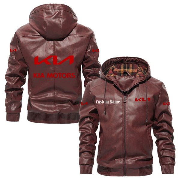 Custom Name Kia PU Leather Hooded Jacket – Personalized Logo Car Motorcycle Model - Image 2
