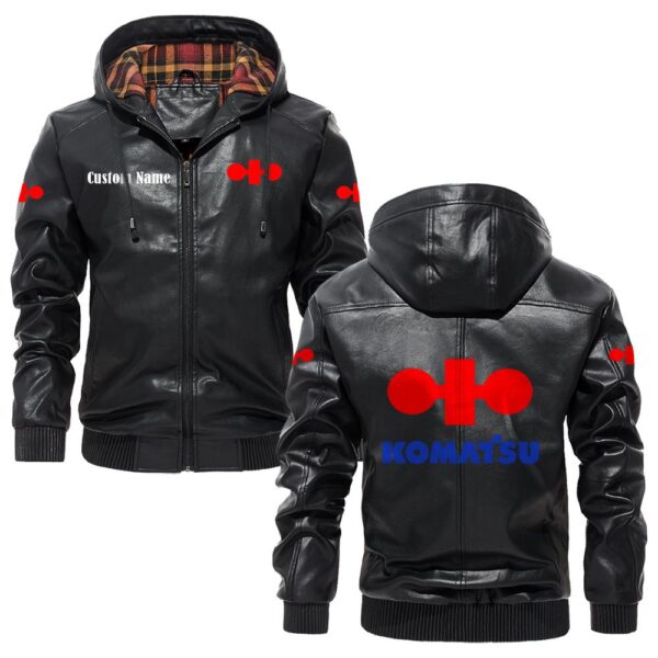 Custom Name Komatsu PU Leather Hooded Jacket – Personalized Logo Car Motorcycle Model