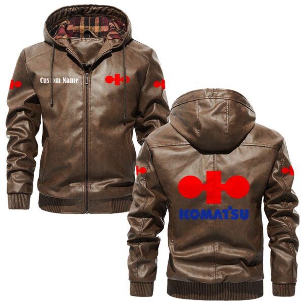 Custom Name Komatsu PU Leather Hooded Jacket – Personalized Logo Car Motorcycle Model - Image 3