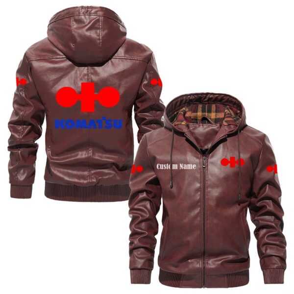 Custom Name Komatsu PU Leather Hooded Jacket – Personalized Logo Car Motorcycle Model - Image 2