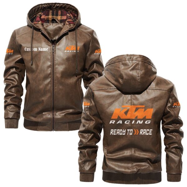 Custom Name Ktm PU Leather Hooded Jacket – Personalized Logo Car Motorcycle Model - Image 3