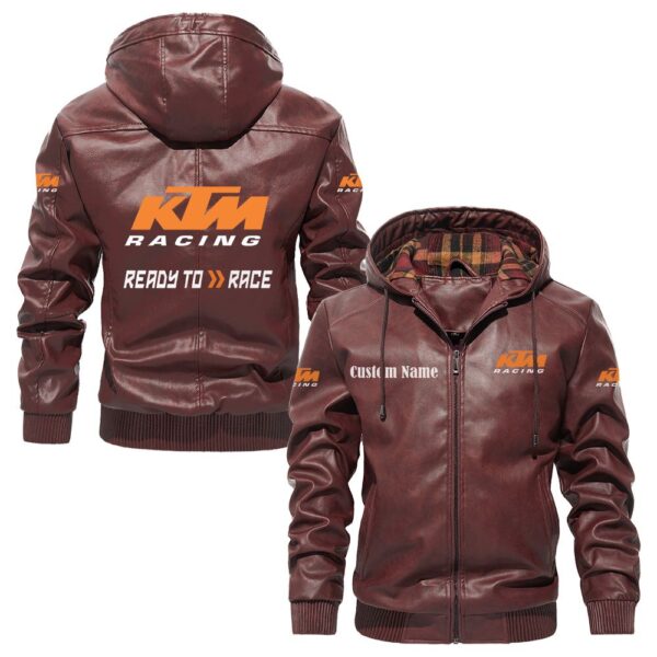 Custom Name Ktm PU Leather Hooded Jacket – Personalized Logo Car Motorcycle Model - Image 2