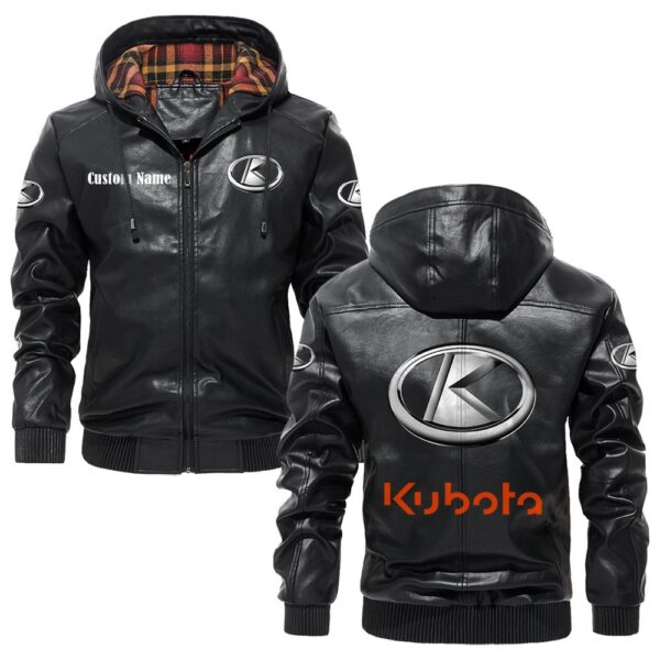 Custom Name Kubota PU Leather Hooded Jacket – Personalized Logo Car Motorcycle Model