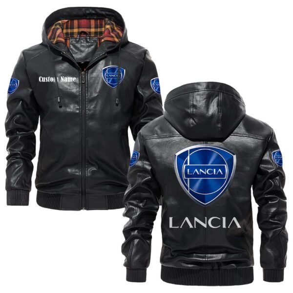 Custom Name Lancia PU Leather Hooded Jacket – Personalized Logo Car Motorcycle Model
