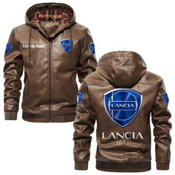 Custom Name Lancia PU Leather Hooded Jacket – Personalized Logo Car Motorcycle Model - Image 3