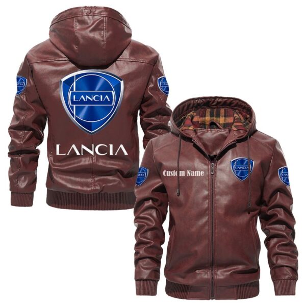 Custom Name Lancia PU Leather Hooded Jacket – Personalized Logo Car Motorcycle Model - Image 2