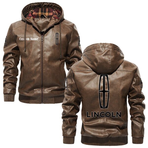 Custom Name Lincoln PU Leather Hooded Jacket – Personalized Logo Car Motorcycle Model - Image 3