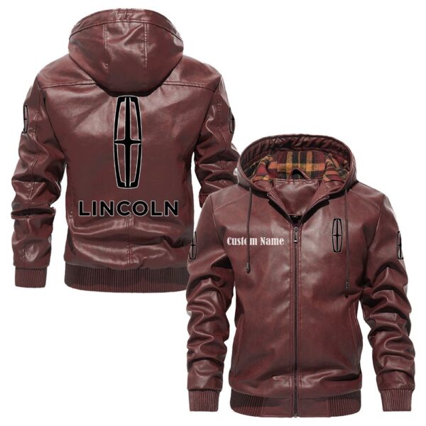 Custom Name Lincoln PU Leather Hooded Jacket – Personalized Logo Car Motorcycle Model - Image 2