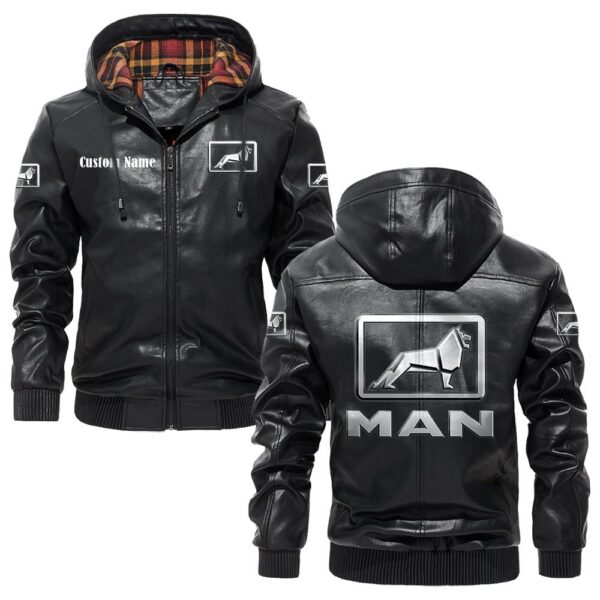 Custom Name Man PU Leather Hooded Jacket - Personalized Logo Car Motorcycle Model