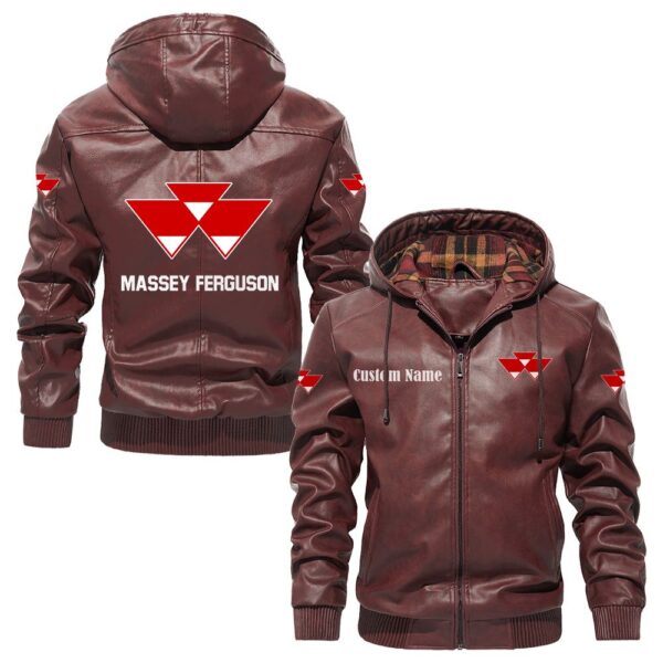 Custom Name Massey Ferguson PU Leather Hooded Jacket – Personalized Logo Car Motorcycle Model - Image 2