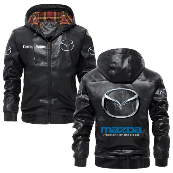Custom Name Mazda PU Leather Hooded Jacket – Personalized Logo Car Motorcycle Model