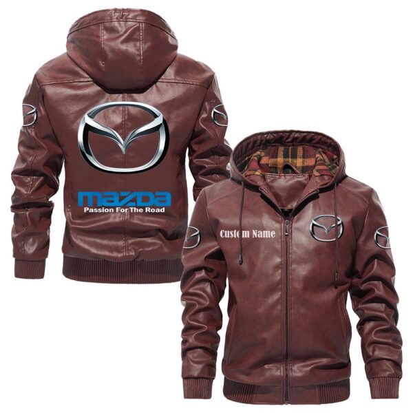 Custom Name Mazda PU Leather Hooded Jacket – Personalized Logo Car Motorcycle Model - Image 2