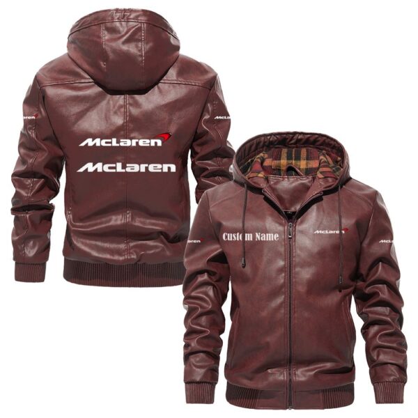 Custom Name Mclaren Automotive PU Leather Hooded Jacket – Personalized Logo Car Motorcycle Model - Image 2