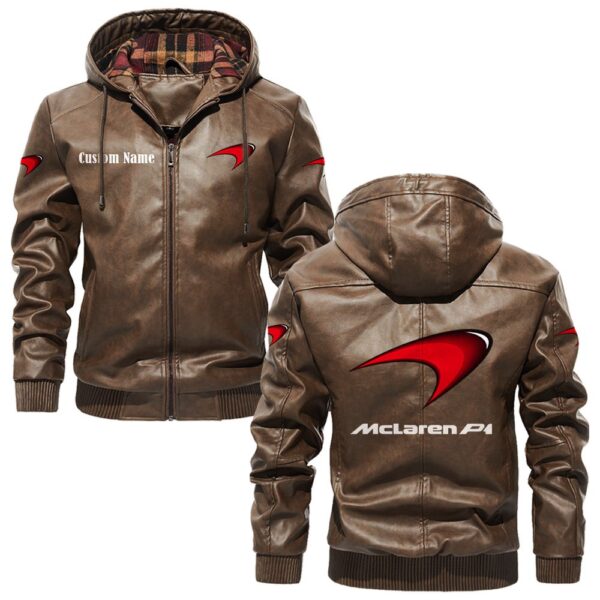 Custom Name Mclaren PU Leather Hooded Jacket – Personalized Logo Car Motorcycle Model - Image 3