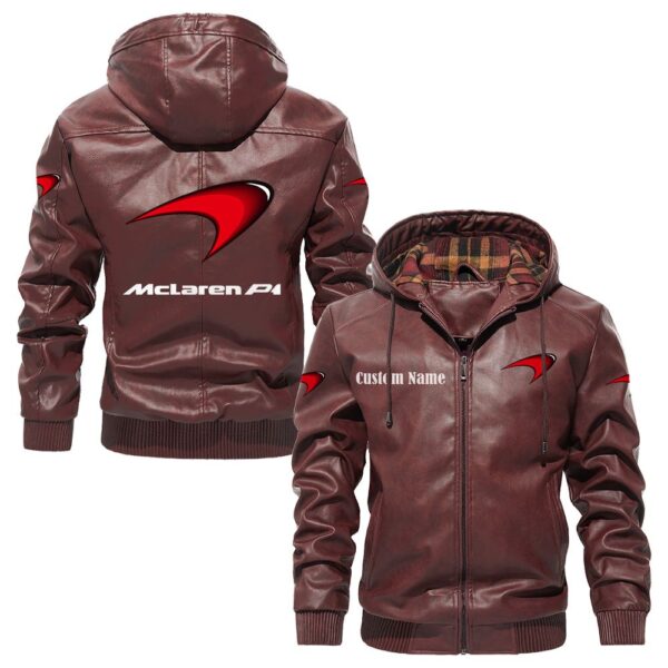Custom Name Mclaren PU Leather Hooded Jacket – Personalized Logo Car Motorcycle Model - Image 2