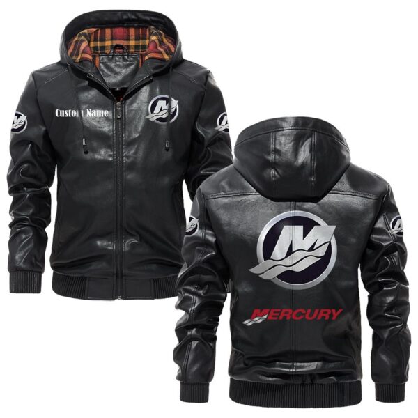 Custom Name Mercury Marine PU Leather Hooded Jacket – Personalized Logo Car Motorcycle Model