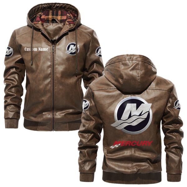 Custom Name Mercury Marine PU Leather Hooded Jacket – Personalized Logo Car Motorcycle Model - Image 3