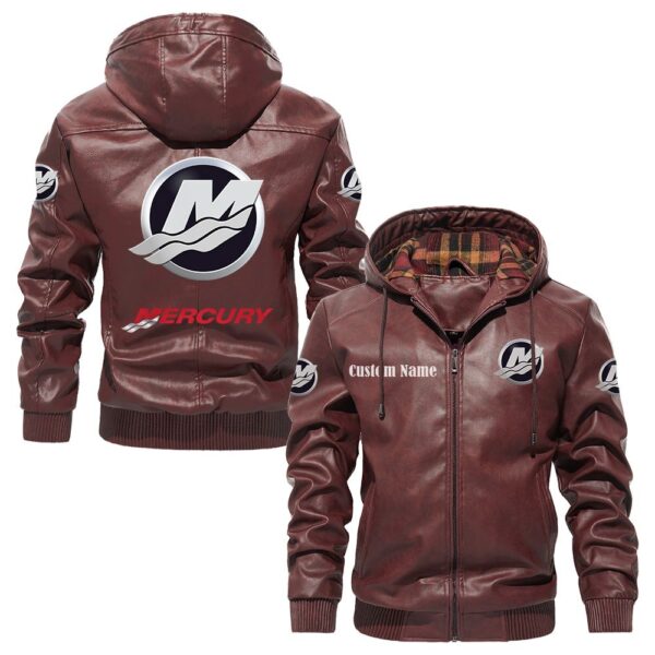 Custom Name Mercury Marine PU Leather Hooded Jacket – Personalized Logo Car Motorcycle Model - Image 2