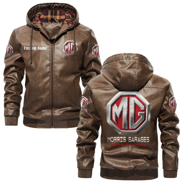 Custom Name Mg Cars PU Leather Hooded Jacket – Personalized Logo Car Motorcycle Model - Image 3