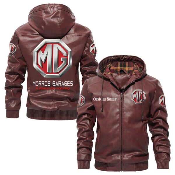 Custom Name Mg Cars PU Leather Hooded Jacket – Personalized Logo Car Motorcycle Model - Image 2