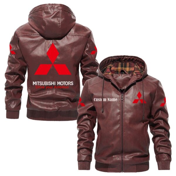 Custom Name Mitsubishi PU Leather Hooded Jacket – Personalized Logo Car Motorcycle Model - Image 2