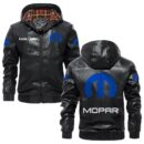 Custom Name Mopar PU Leather Hooded Jacket – Personalized Logo Car Motorcycle Model