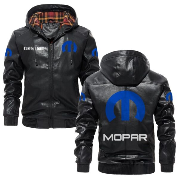 Custom Name Mopar PU Leather Hooded Jacket – Personalized Logo Car Motorcycle Model