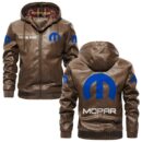 Custom Name Mopar PU Leather Hooded Jacket – Personalized Logo Car Motorcycle Model