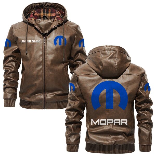 Custom Name Mopar PU Leather Hooded Jacket – Personalized Logo Car Motorcycle Model - Image 3