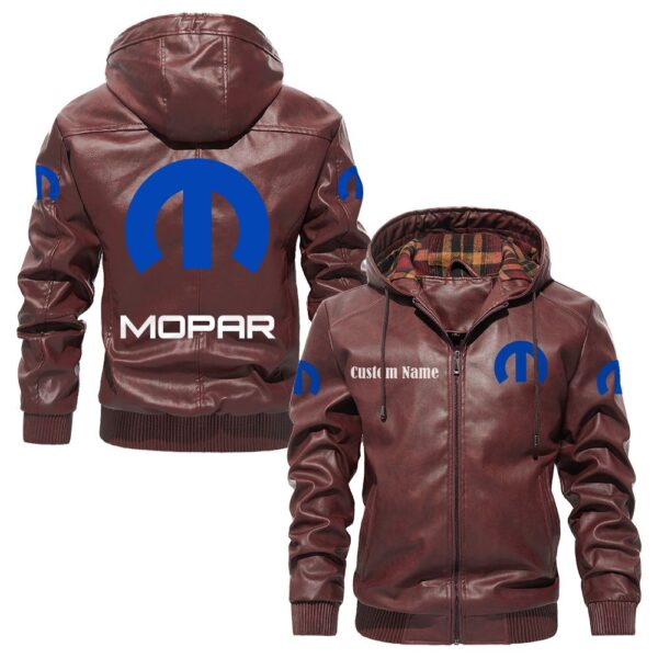 Custom Name Mopar PU Leather Hooded Jacket – Personalized Logo Car Motorcycle Model - Image 2
