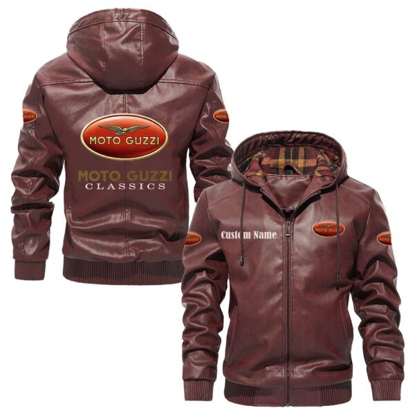 Custom Name Moto Guzzi PU Leather Hooded Jacket – Personalized Logo Car Motorcycle Model - Image 2
