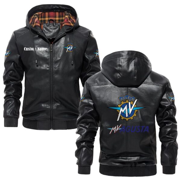 Custom Name Mv Agusta PU Leather Hooded Jacket – Personalized Logo Car Motorcycle Model