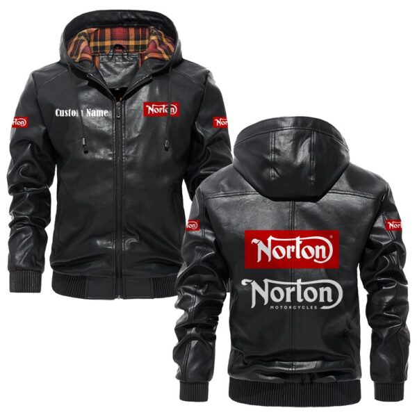 Custom Name Norton Motorcycle Company PU Leather Hooded Jacket – Personalized Logo Car Motorcycle Model