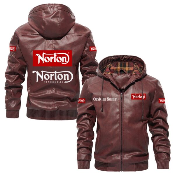 Custom Name Norton Motorcycle Company PU Leather Hooded Jacket – Personalized Logo Car Motorcycle Model - Image 2