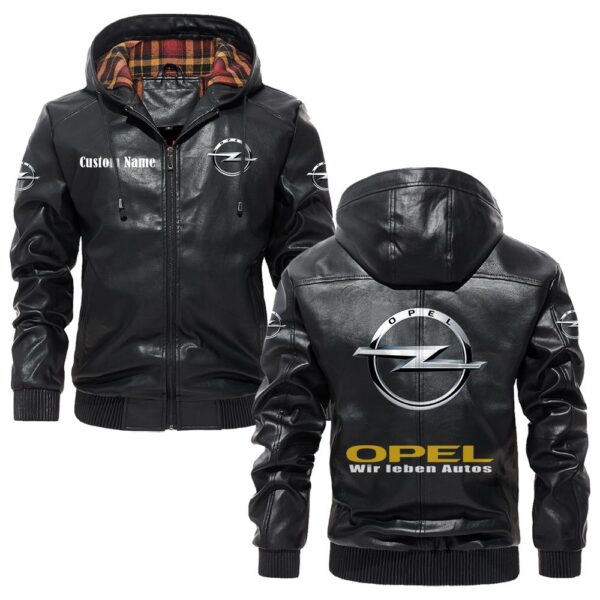 Custom Name Opel PU Leather Hooded Jacket – Personalized Logo Car Motorcycle Model