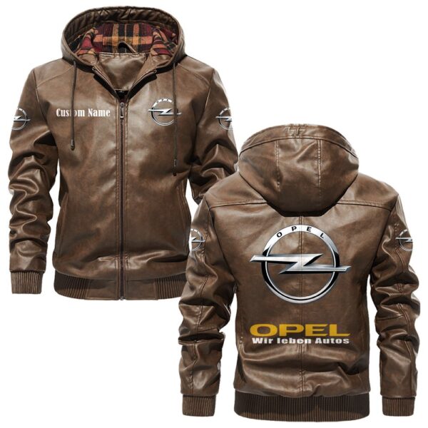 Custom Name Opel PU Leather Hooded Jacket – Personalized Logo Car Motorcycle Model - Image 3