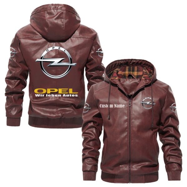 Custom Name Opel PU Leather Hooded Jacket – Personalized Logo Car Motorcycle Model - Image 2
