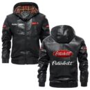 Custom Name Peterbilt PU Leather Hooded Jacket – Personalized Logo Car Motorcycle Model