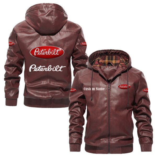Custom Name Peterbilt PU Leather Hooded Jacket – Personalized Logo Car Motorcycle Model - Image 2