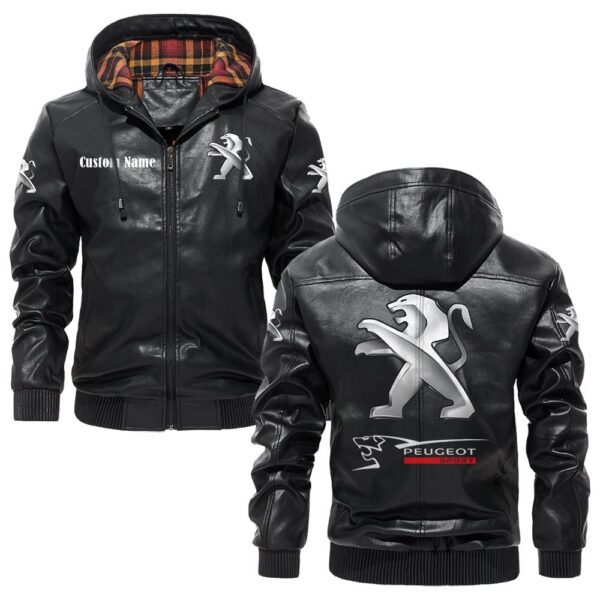 Custom Name Peugeot PU Leather Hooded Jacket – Personalized Logo Car Motorcycle Model