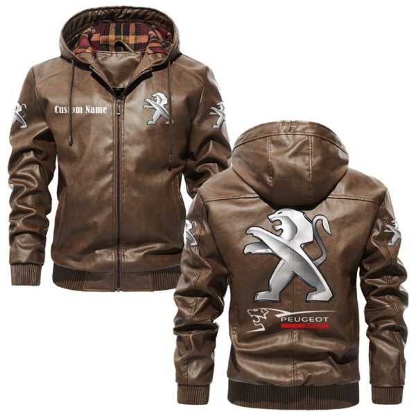 Custom Name Peugeot PU Leather Hooded Jacket – Personalized Logo Car Motorcycle Model - Image 3